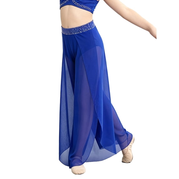 Miutii Girls Mesh Dance Pants for Competitions Rhythm Gear Cha Cha Garment Youth Performer Stage Apparel Blue 12