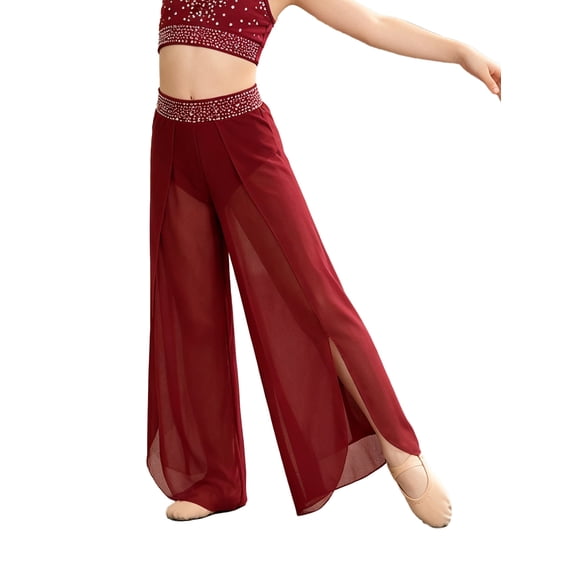Miutii Girls Mesh Dance Pants for Competitions Rhythm Gear Cha Cha Garment Youth Performer Stage Apparel Burgundy 8