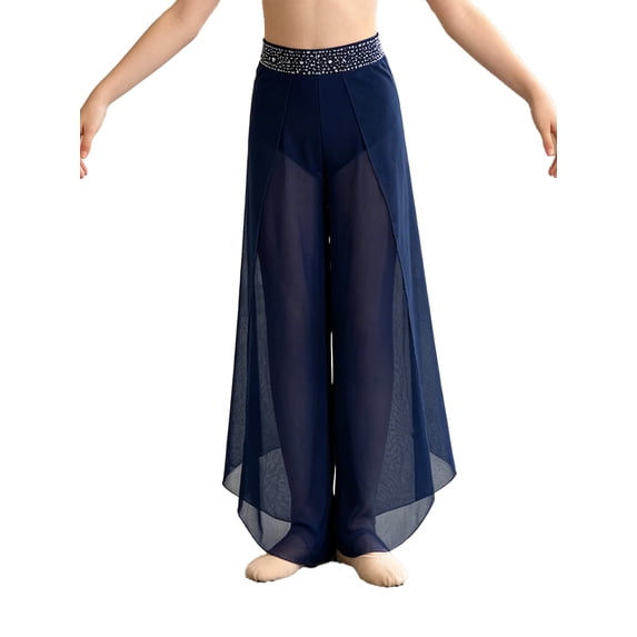 Miutii Girls Mesh Dance Pants for Competitions Rhythm Gear Cha Cha Garment Youth Performer Stage Apparel Navy Blue 6