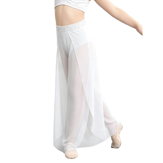 Miutii Girls Mesh Dance Pants for Competitions Rhythm Gear Cha Cha Garment Youth Performer Stage Apparel White 14