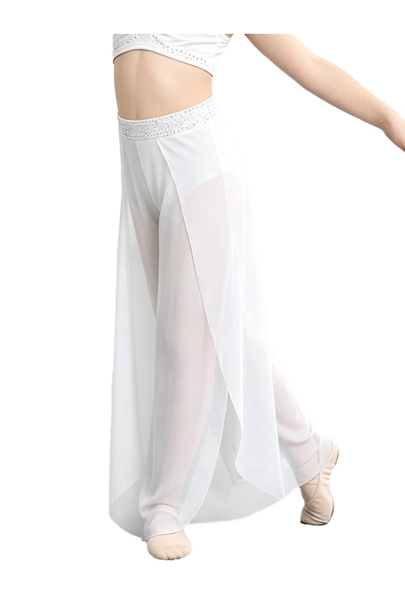 Girls Lyrical Dance Pants Sparkly Rhinestone Mesh Overlay Bottoms for Skating Ballet Stage Performance White 6