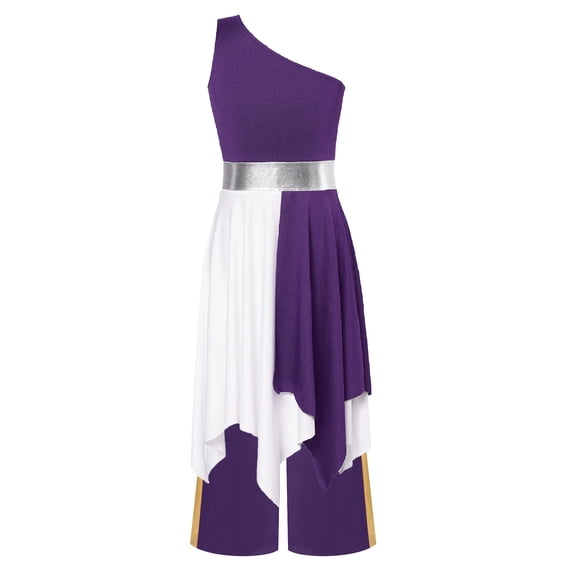 Miutii Girls Lyrical Praise Dance Dress One Shoulder Color Block Metallic Tunic and Worship Wide Leg Pants Set Purple 8