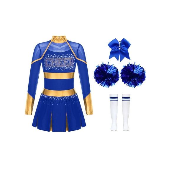 Miutii Girls Rhinestone Long Sleeve Cheerleading Dance Uniform Dress with Pom Pom Socks Hair Tie Set Performance Clothes A Blue 6