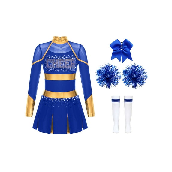 Miutii Girls Rhinestone Long Sleeve Cheerleading Dance Uniform Dress with Pom Pom Socks Hair Tie Set Performance Clothes B Blue 16