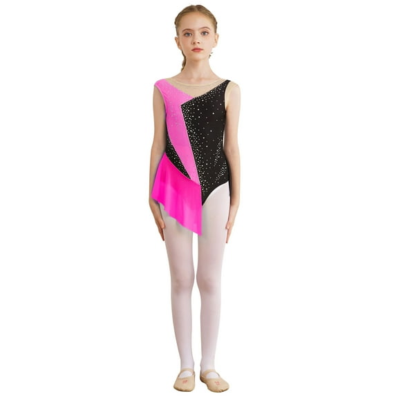 Miutii Girls Rhinestone Sleeveless Gymnastics Leotard Dress Mesh Splice Figure Skating Jumpsuit Biketard Unitard Hot Pink 14