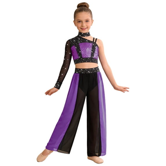 Miutii Girls Sequins Rhinestones Lyrical Dance Colored Block Outfit Jazz Performance Set Top with Pants Purple 14