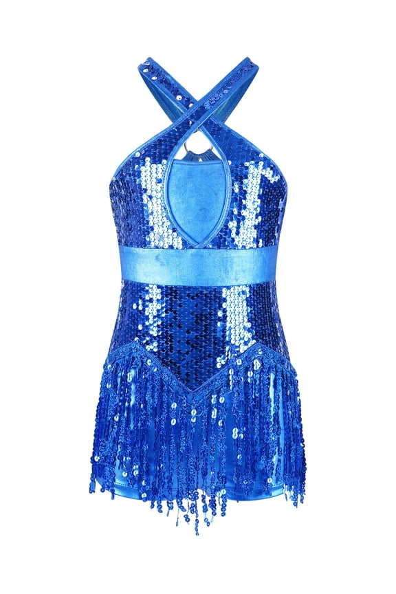 Girls Sparkle Latin Dance Dress Kids Sequins Fringe Dress Costume for Kids Ballet Jazz Chacha Tango Rumba Dancewear Blue 8