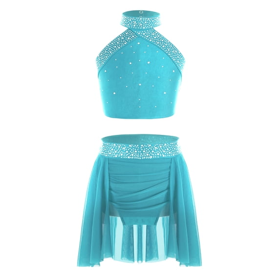Miutii Girls Sparkly Shiny Dance Clothes 2 Piece Irregular Skirt And Top Sets Halte Backless Cheer Blue Green 12