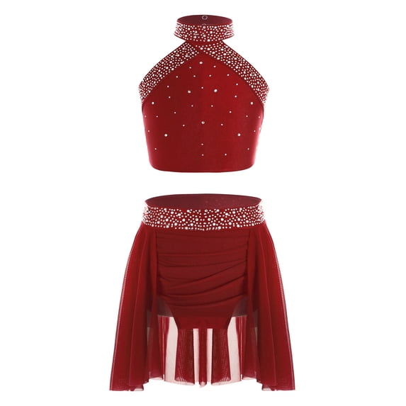 Miutii Girls Sparkly Shiny Dance Clothes 2 Piece Irregular Skirt And Top Sets Halte Backless Cheer Burgundy 12