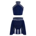 thumbnail image 1 of Miutii Girls Sparkly Shiny Dance Clothes 2 Piece Irregular Skirt And Top Sets Halte Backless Cheer Navy Blue 8, 1 of 3