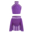 thumbnail image 1 of Miutii Girls Sparkly Shiny Dance Clothes 2 Piece Irregular Skirt And Top Sets Halte Backless Cheer Purple 6, 1 of 3