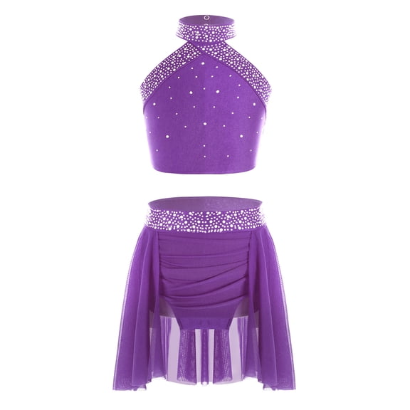 Miutii Girls Sparkly Shiny Dance Clothes 2 Piece Irregular Skirt And Top Sets Halte Backless Cheer Purple 8