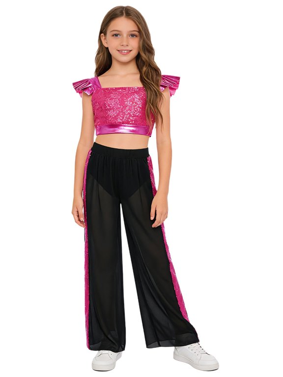Girls Stage Performance Clothes Sets Hip Hop Clothes Sparkle Dance Outfit Streetwear for Themed Party Hot Pink 8