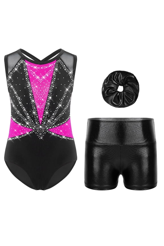 Gymnastics Leotard for Girls Sleeveless Dance Unitard with Shorts Scrunchies Set Ballet Tumbling Outfit Hot Pink 10