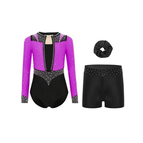 Miutii Gymnastics Leotards for Girls with Shorts Hair Scrunchies Sparkly Long Sleeve Ballet Dance Unitard Skating Jumpsuit Purple Black 14