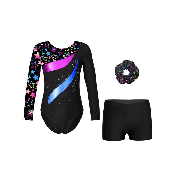 Miutii Gymnastics Leotards with Shorts for Girls Kids Biketard Tumbling Outfits Deluxe Ballet Dance Bodysuit B Star Black 14