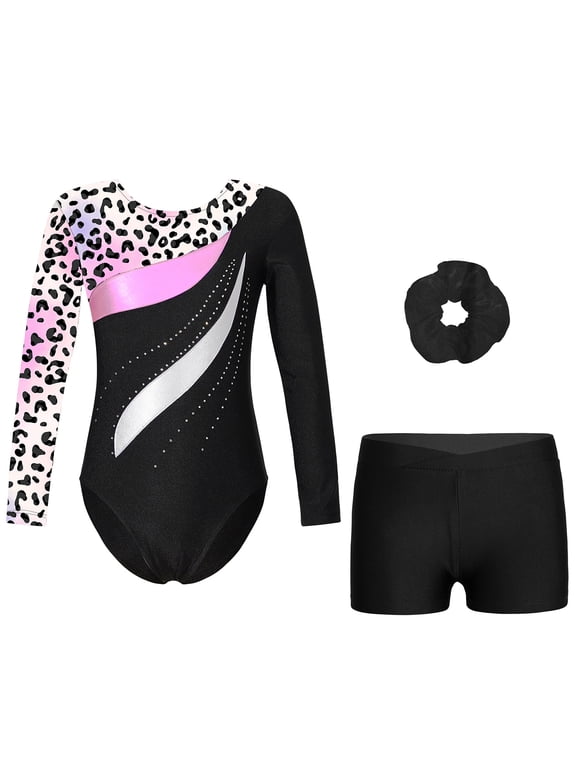 Gymnastics Leotards with Shorts for Girls Kids Biketard Tumbling Outfits Deluxe Ballet Dance Bodysuit Leopard 6