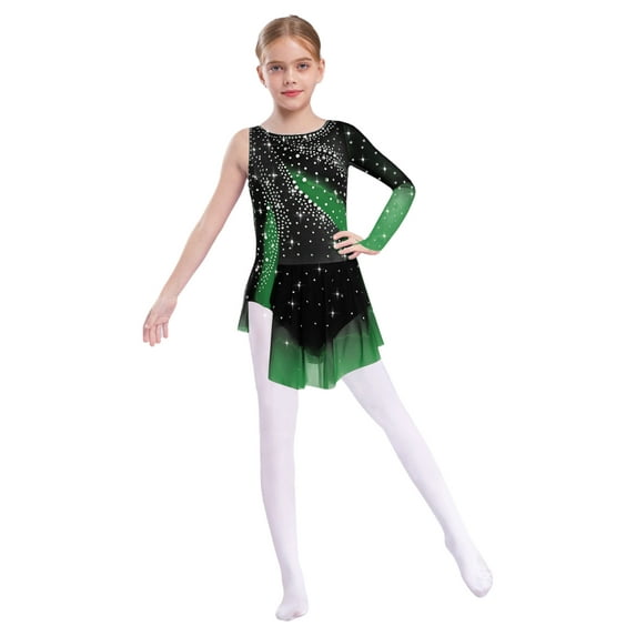 Miutii Ice Figure Skating Dress for Girls Single Long Sleeve Color Block Rhythmic Gymnastics Leotard with Skirt Dark Green 16