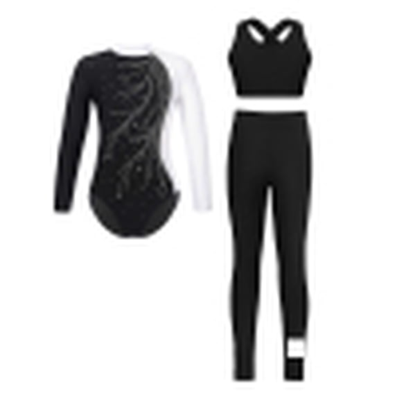 Miutii Kids 3 Pieces Gymnastics Outfit Girls Long Sleeve Dance Leotard with Crop Tank Tops and Leggings Pants Set White 16