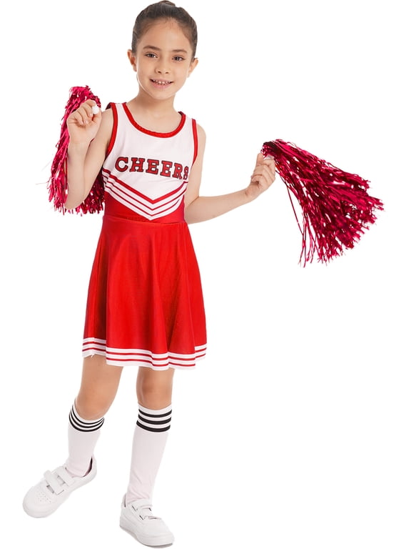 Kids 3Pcs Cheerleading Uniform for Girls Sleeveless Cheer Leader Dance Dress Outfit with Stockings 2 Pom Poms Red 9-10