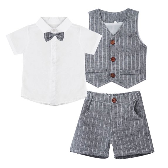 Miutii Kids Baby Boy Formal Suit Short Sleeve Dress Shirt with Short Vest Set Wedding Birthday Outfit Gray 80