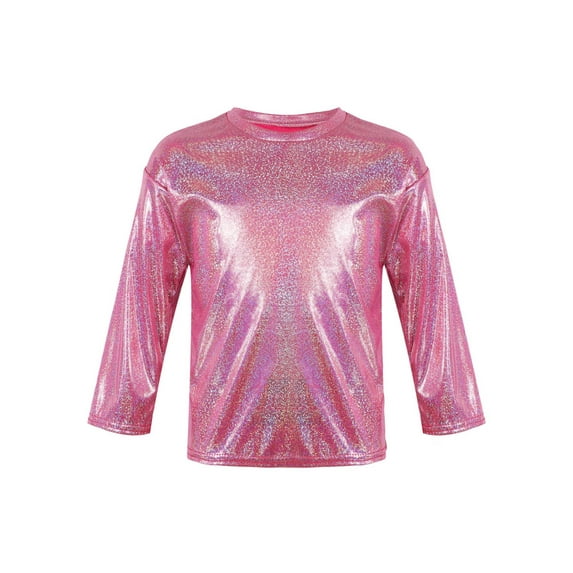 Miutii Kids Big Girls Boys Shiny Metallic Dance Top Long Sleeve Glitter Loose T-Shirt for Dance Rose Red 150