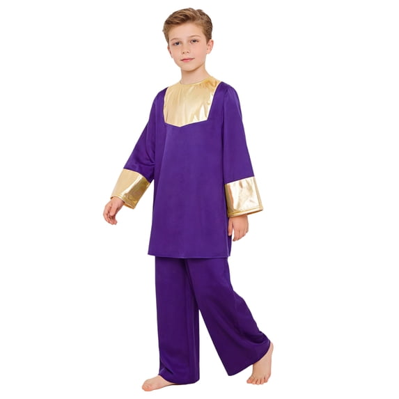 Miutii Kids Boys 2 Piece Worship Praise Dance Outfit Long Sleeve Metallic Pullover Top with Liturgical Pants Set Purple 14