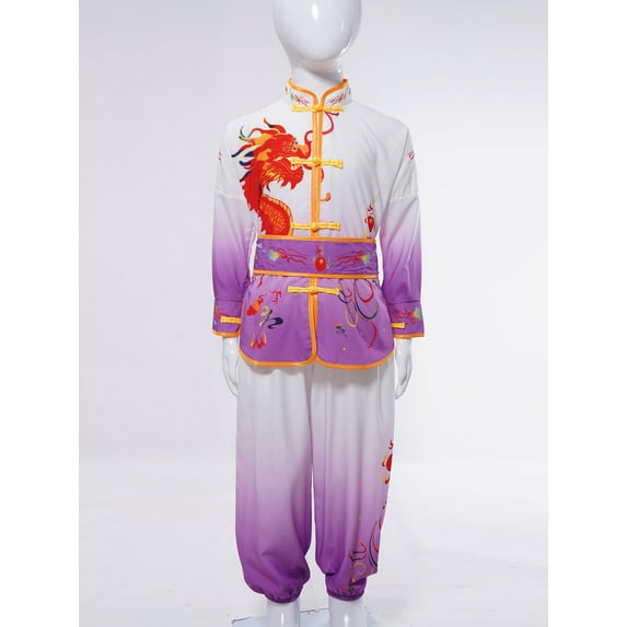 Miutii Kids Boys Girl Kung Fu Suit Unisex Dragon Printed Tai Chi Outfit Long Sleeve Tops with Pants Purple 150