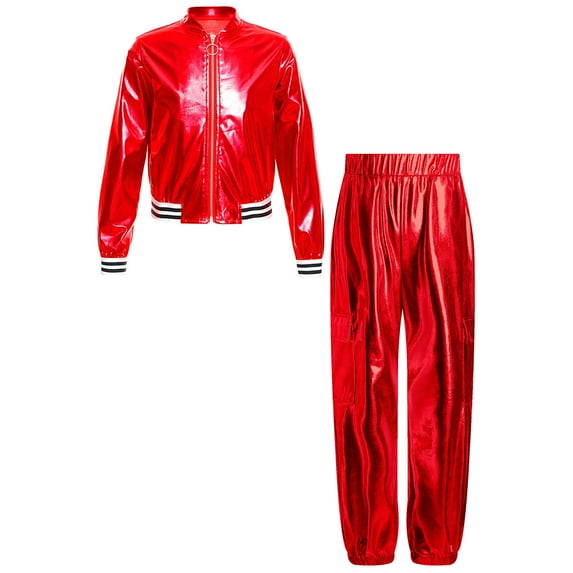Miutii Kids Boys Girls Hip Hop Dance Clothes Shiny Bomber Jacket with Sweatpants Set Performance Dancewear Red 16