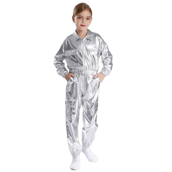 Miutii Kids Boys Girls Jazz Hip Hop Dance Outfits Metallic Turn Down Collar Jacket with Pants Set Street Dancewear Silver 12
