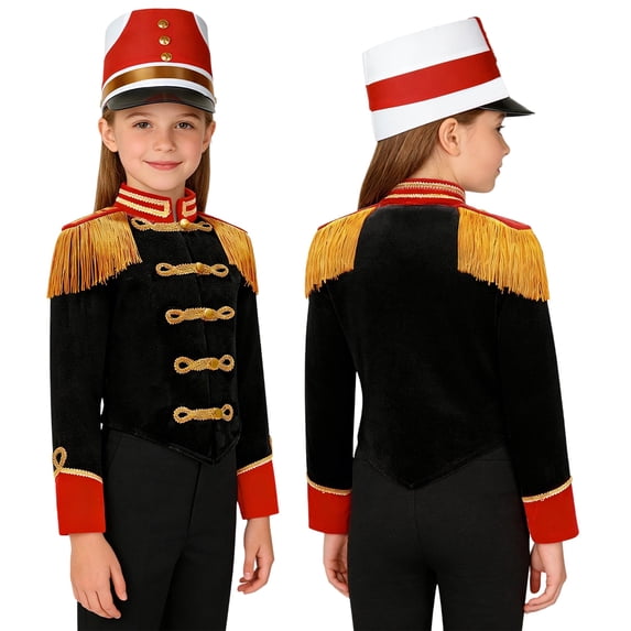 Miutii Kids Boys Girls Marching Band Drum Major Long Sleeve Fringe Epaulet Velvet Jacket with Hat Black 4