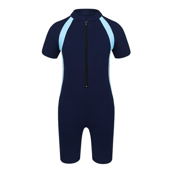 Miutii Kids Boys Girls Summer Short Sleeves Swimwear Bathing Suit with Zipper Front Stretchy Rash Guard Navy Blue 10
