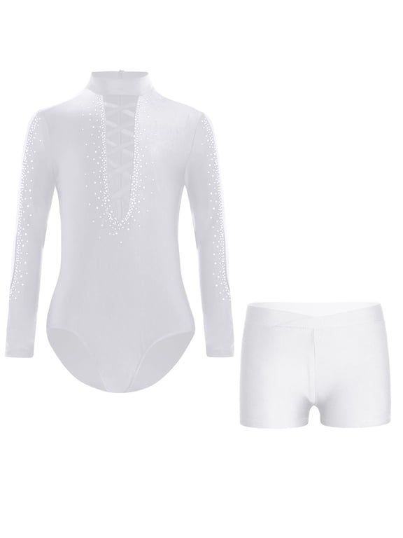 Kids Boys Latin Jumpsuit Gymnastics Jersey Ballroom Ballet Dance Bodysuit Skating Leotard with Shorts Set White 12
