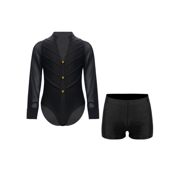 Miutii Kids Boys Long Sleeve Gymnastics Leotard Ballroom Salsa Latin Dance Bodysuit Shirts Tops with Shorts Set Black 10