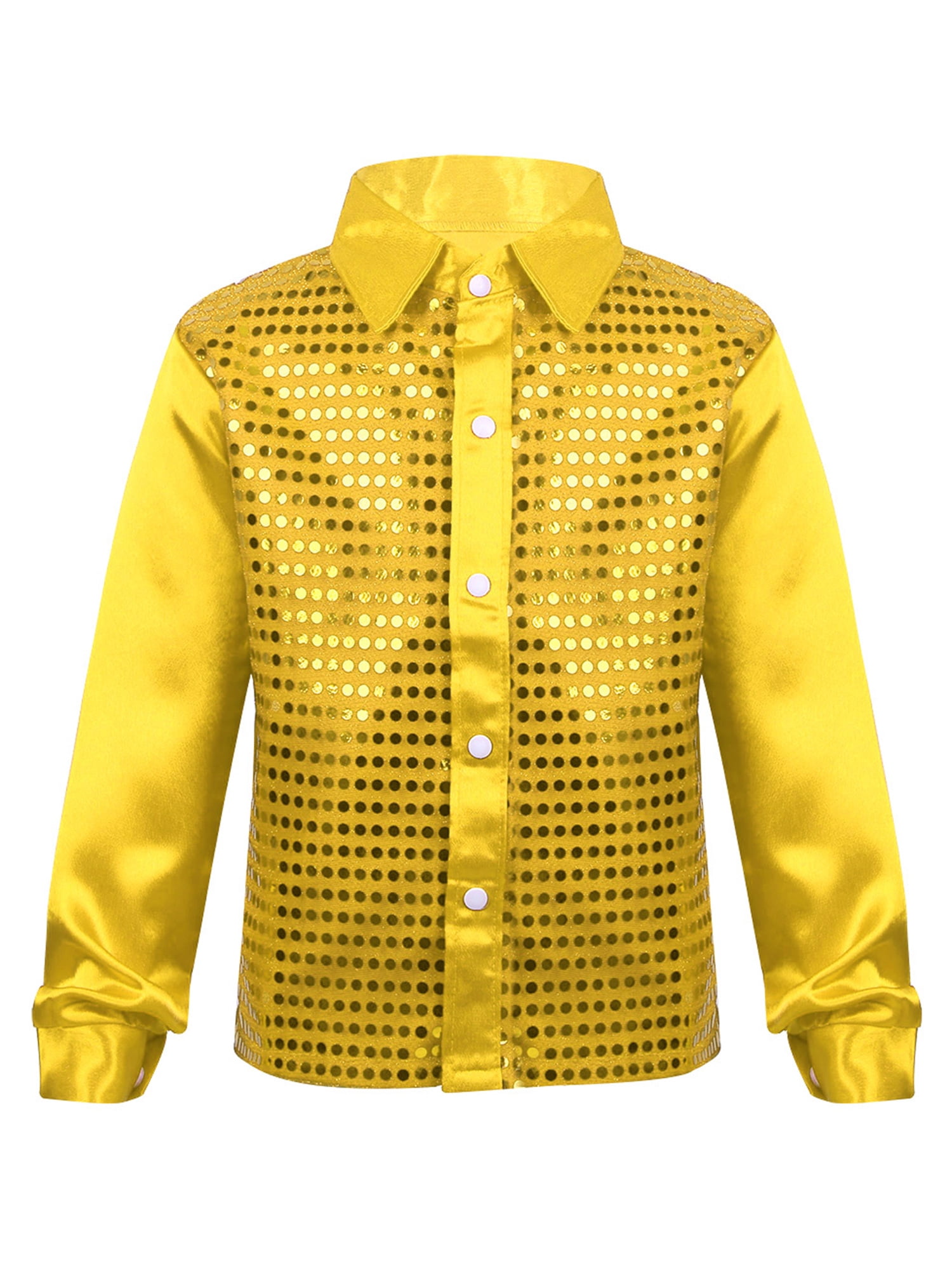 Jizyo Kids Boys 70s Disco Costume Sequins Long Sleeve Button Down Shirts Latin Jazz Dance Performance White 140