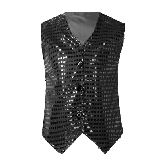Miutii Kids Boys Sparkly Sequins Slim Fit Waistcoat Jazz Hip-Hop Dance Vest Tops Stage Performance Costumes Black 4-5