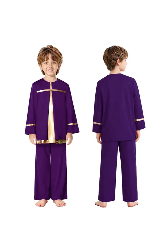 Kids Boys Worship Outfit Metallic Praise Dance Pullover Top with Wide Leg Pants Liturgical Dancewear Purple 6