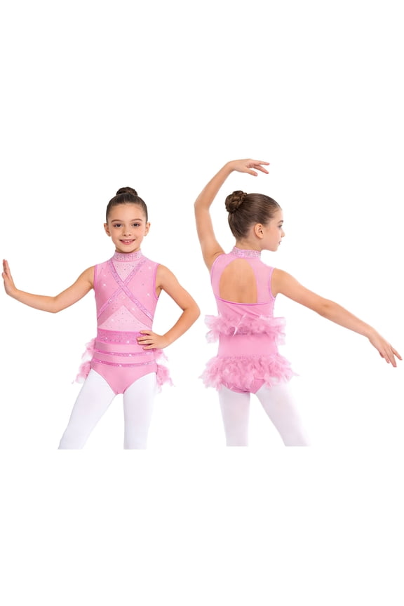 Kids Competition Wear Rhinestone Plume Latin Dance Dress Competitions Gymnastics Mock Neck Apparel Pink 8
