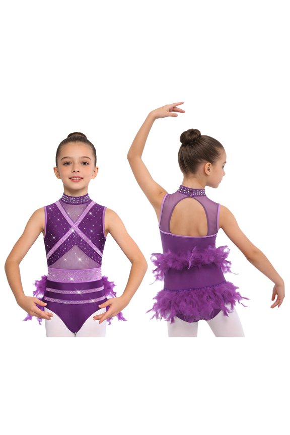 Kids Competition Wear Rhinestone Plume Latin Dance Dress Competitions Gymnastics Mock Neck Apparel Purple 6
