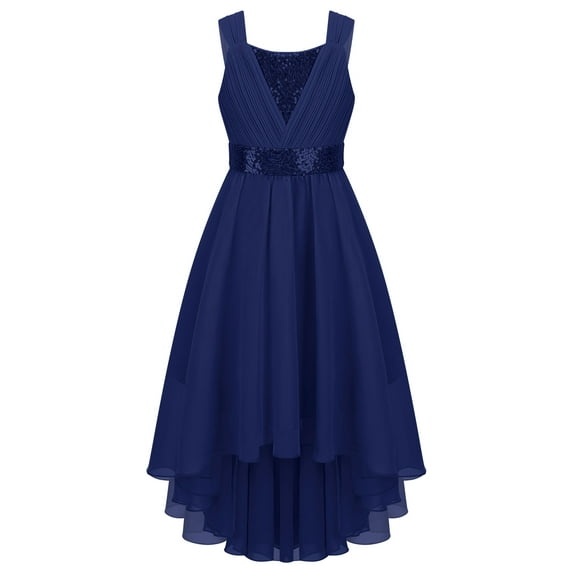 Miutii Kids Flower Girl High Low Dress Sleeveless Sequined Chiffon Wedding Bridesmaid Dress Pageant Navy Blue 6