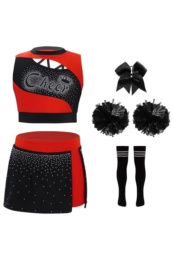 Kids Girl School Cheer Uniform Dress Cheerleading Dance Outfits Sequins Crop Top Skirt Pom Poms Stock Hair Tie Red 8