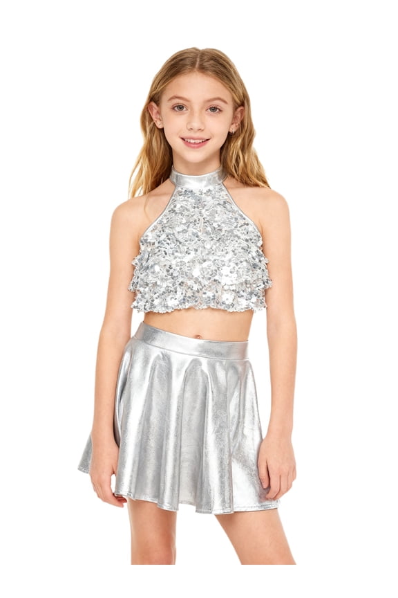 Kids Girls 2 Piece Modern Jazz Latin Dance Outfits Sequin Crop Top With Metallic Ruffle Skirt Ballroom Dancewear Silver 16
