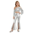thumbnail image 1 of Miutii Kids Girls 2 Piece Sequin Dance Outfit Long Sleeve Metallic Fringed Crop Top and Stretchy Bell Bottom Pants Silver 6, 1 of 7