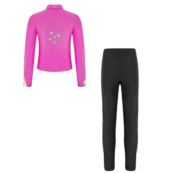 Miutii Kids Girls 2 Pieces Figure Skating Outfits Long Sleeve Zipper Jacket with Sparkly Pants Set Hot Pink 14
