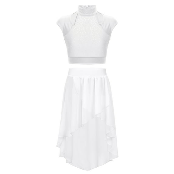 Miutii Kids Girls 2 Pieces Lyrical Ballet Latin Jazz Modern Dance Outfit Gymnastics Athletic Crop Top Skirt Set White 16