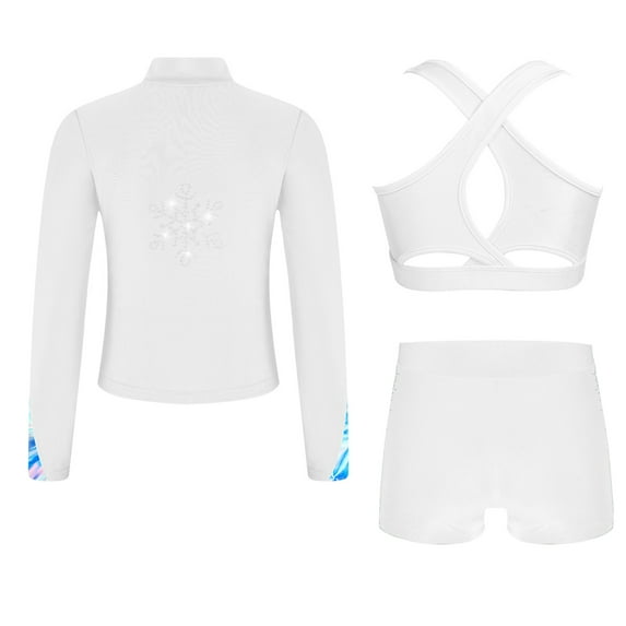 Miutii Kids Girls 3 Piece Dance Outfits Cross Back Crop Top and Shorts with Full Zipper Jacket Set White 16