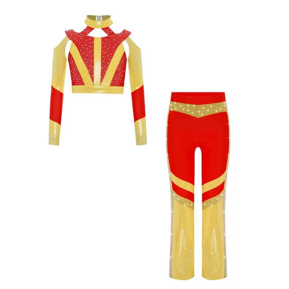 Miutii Kids Girls Acrobatics Performance ClothesSparkly Cross-back Crop Top with Flared Pants Gymnastics Dance Outfits Red 10