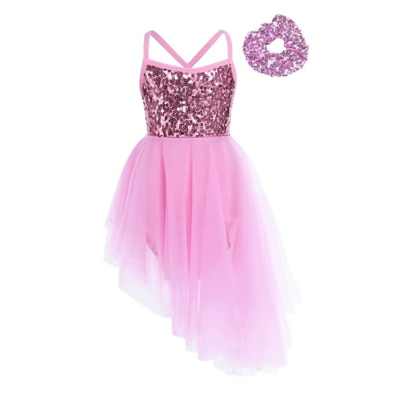 Miutii Kids Girls Ballerina Dancewear Costumes Glitter Sequins Dress with Hair Tie Gymnastics Leotard Skirts Pink 4-5