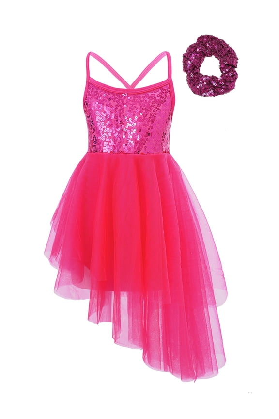 Kids Girls Ballerina Dancewear Costumes Glitter Sequins Dress with Hair Tie Gymnastics Leotard Skirts Rose 4-5