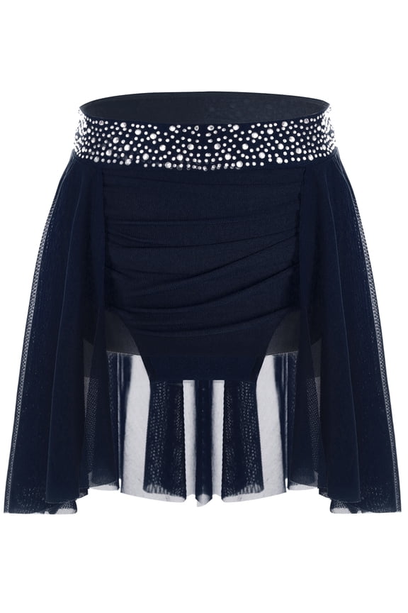 Kids Girls Ballet Dance Wrap Skirt Ruched Irregular Lyrical Dance Skirt Figure Ice Skating Skirt Dancewear Navy Blue 16